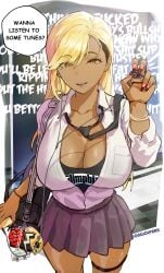 1female big_breasts blonde_hair_female brown-skinned_female exposed_bra flirtatious gyaru headphones midriff oc ongjolpark open_shirt piercing school_uniform smiling tease underboob yellow_eyes
