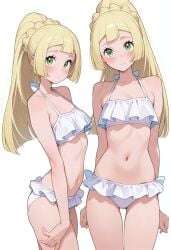 1girls ai_generated bikini blonde_hair female female_only green_eyes lillie_(pokemon) owari_wan pokemon pokemon_sm swimsuit