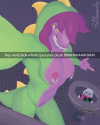 anthro bathroom caption clothing costume darkner deltarune english_text female green_clothing gums hi_res hood_up looking_at_viewer monster navel nipple_piercing nipples onesie onesie_open piercing plunger plushie purple_body purple_scales scales selfdestructking selfie sharp_cl sharp_teeth smile snapchat solo susie_(deltarune) talking_to_viewer teeth text toilet undertale_(series) yellow_sclera zipper