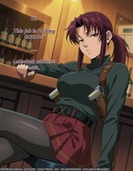 ai-generated alcohol bangs bar_(place) belt black_legwear black_pantyhose black_sweater bottle breasts brown_eyes brown_hair closed_mouth clothing counter crossed_legs english_language english_text female female green_sweater gun handgun high_resolution holding holster holstered_weapon indoors large_breasts legwear long_hair long_sleeves looking_at_viewer pantyhose pleated_skirt ponytail purple_hair red_skirt revolver revy shirt shoulder_holster sidelocks sitting skirt solo sweater text tied_hair turtleneck turtleneck_sweater weapon wodstudio yellow_eyes
