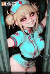 ai_generated bangs blonde_hair blunt_bangs blush boku_no_hero_academia bottomless breasts dollmaker dollmaker_(artist) double_bun eyebrows_visible_through_hair female grin hat himiko_toga looking_at_viewer medium_breasts messy_hair my_hero_academia nurse nurse_cap patreon_username pussy smile solo tagme teeth toga_himiko watermark web_address yellow_eyes