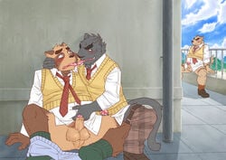 2013 3boys anthro assisted_exposure balls black_fur blush boots bottomless canine chubby clothes clouds color day feline footwear french_kiss fur gay kissing male male_only multiple_males necktie outdoors outside panther pants pants_down penis pubes red_eyes roof ryuta-h school shirt sitting sky socks spread_legs spreading tanuki teacher tongue tongue_out underwear_around_one_leg undressing yaoi