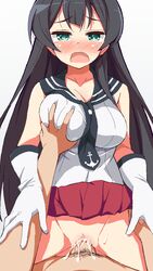 1boy 1girls 9law agano_(kantai_collection) black_hair blush breast_grab breasts cleavage clothing cum cum_in_pussy cum_inside female female_on_top gloves green_eyes kantai_collection large_breasts long_hair looking_at_viewer male oekaki open_mouth penetration penis pussy red_skirt school_uniform serafuku sex skirt skirt_lift solo_focus spread_legs tears vaginal_penetration white_gloves