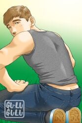 10s 1boy 2017 ass back_view blue_pants brown_eyes brown_hair butt_crack footwear fully_clothed green_background grey_tank_top gu-lugulu jeans light_skin looking_at_viewer male male_only original pants simple_background solo tank_top