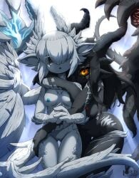 2girls black_body black_hair horns monster_hunter monster_hunter_wilds nude nude_female rilex_lenov tagme white_body white_hair wings yellow_eyes zoh_shia