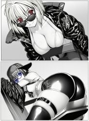 2girls adjusting_eyewear ai_generated alternate_costume arcueid_brunestud ass ass ass_focus big_ass bitch black_cap black_shorts blue_eyes breasts cap ciel_(tsukihime) cleavage cleavage_cutout female ghetto ghetto_fashion hips huge_ass huge_breasts large_ass large_breasts melty_blood midriff mini_short monochrome navel necklace plump red_eyes shirt shorts smile sunglasses thick thick_thighs thighhighs thighs tinted_eyewear tsukihime white_shirt wide_hips