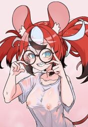 1girls animal_ears blush female glasses grin hakos_baelz heart-shaped_pupils hololive hololive_english hololive_english_-council- hololive_english_-promise- moral_cacoethes rat_ears red_hair see-through virtual_youtuber vtuber wet wet_t-shirt