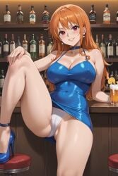 1girls alcohol blush breasts cameltoe cleavage dress earrings heels high_heels knee_up large_breasts minidress nami_(one_piece) one_piece orange_hair panties red_eyes thighs