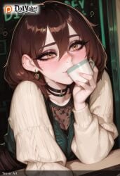 ai_generated bangs blush brown_eyes brown_hair choker cup dollmaker dollmaker_(artist) earrings female hair_between_eyes jewelry long_sleeves looking_at_viewer patreon_username short_hair smile solo sweater tagme