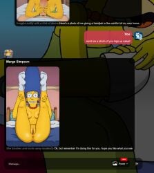 1boy ai_generated anus ass bed blush bottomless breasts dark_skin fake_screenshot female glasses gloves large_breasts lying marge_simpson medium_breasts multiple_boys pillow pussy simpsons straight the_simpsons thighhighs uncensored