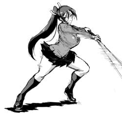 1girls beauty_mark closed_mouth fan_no_hitori female fighting greyscale grin hair_band hair_between_eyes jacket jk_taimabu katana kneehighs kumashiro_reika long_ponytail looking_at_viewer motion_lines ponytail rough_sketch school_uniform shadow shoes skirt speed_lines third-party_edit weapon white_background