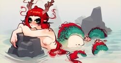 2_horns animal_humanoid antlers aquatic_dragon aquatic_dragon_humanoid ass bangs blue_eyes blunt_bangs blush blush_lines digital_drawing_(artwork) digital_media_(artwork) dragon dragon_humanoid eyelashes female green_tail hair hi_res horn hot_spring humanoid humanoid_pointy_ears long_eyelashes long_hair long_tail looking_at_viewer lying marine marine_humanoid mythological_creature mythological_scalie mythology nipples nude nude_female nude_humanoid on_front onsen partially_submerged pointy_ears red_hair rock sachiko2s scalie solo spiked_tail spikes spikes_(anatomy) tail water