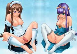 2girls anal_beads anus apron biting_lip blush bottomless breasts breasts_out brown_hair dildo dress dress_lift dress_pull egg_vibrator elbow_gloves feet female female_only gloves green_eyes hair_ornament highres human kneehighs lasterk long_hair maid maid_headdress masturbation medium_breasts multiple_girls myucel_foaran nipples no_bra no_panties off_shoulder outbreak_company petralka_anne_eldant_iii pillow pointy_ears purple_eyes purple_hair pussy pussy_juice saliva sitting small_breasts spread_legs thighhighs tied_hair uncensored vaginal_penetration vibrator