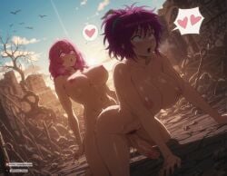 2futas ai_generated all_fours big_breasts big_penis blue_eyes breasts crossover doggy_style erection futa_on_futa futa_only futanari hunter_x_hunter kotobuki_minami machi_komacine nude oshi_no_ko penis pink_eyes pink_hair purple_hair sex wrecker_rioter