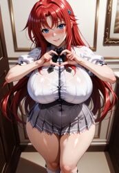 1girls ai_generated blouse blush breasts curvy curvy_female female female_focus female_only heart_symbol high_school_dxd indoors large_breasts light_skin long_hair looking_at_viewer massive_breasts nipples_bulge red_hair rias_gremory short_skirt skirt smile solo solo_female thick thick_thighs