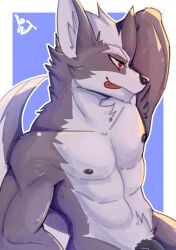 absurd_res anthro armpit_tuft bedroom_eyes genitals hi_res male narrowed_eyes nintendo nipples nude pecs penis raised_arm rj-kun seductive solo star_fox teasing tongue tongue_out wolf_o'donnell