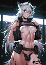 1futa ai_generated arknights artifactglitch black_thong bulge flaccid flaccid_penis futanari lappland_(arknights) nude patreon tactical_belt tactical_gear tactical_nudity tactical_vest thong