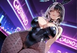 1girls ai_generated big_breasts black_hair breasts bunny_ears bunnysuit female female_focus hips hololive huge_breasts large_breasts looking_at_viewer nightclub shiori_novella thick_thighs thighs two_tone_hair virtual_youtuber white_hair wide_hips yellow_eyes