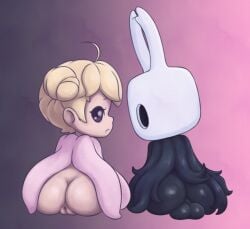 1boy 1girls ass ass_focus balls black_skin black_skinned_male blonde_hair cloak clothed clothing colorful_background crossover exposed_ass exposed_pussy hollow_eyes hollow_knight horns human human_on_humanoid humanoid looking_at_viewer lotus_knight multicolored_background protagonist_(hollow_knight) purple_eyes pussy shy_ayu unknown_character vessel_(species) video_games white_skin white_skinned_female young younger_female younger_male