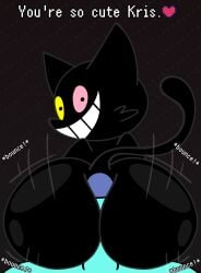 ass bouncing_butt butt_focus deltarune dialogue domestic_cat felid feline felis feral friend_(deltarune) genitals heart_symbol hi_res hot_dogging looking_at_viewer looking_back male mammal penis sex skeletonhearts talking_to_another undertale_(series)