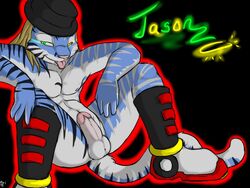 anthro balls black_stripes blue_fur bubble_kitten17 erection feline fur furry glowing_eyes hat heterochromia jason_bleu male male_only penis pose solo spread_legs spreading tiger tongue tongue_out white_stripes