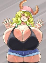 1girls against_glass big_breasts breasts breasts_bigger_than_head cleavage clothed_female dragon_girl hat horns huge_breasts kobayashi-san_chi_no_maidragon light-skinned_female lucoa miss_kobayashi's_dragon_maid multicolored_hair quetzalcoatl_(dragon_maid) seireiart shorts solo solo_female thick_thighs thighs yellow_hair