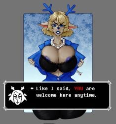 areola_slip black_bra blonde_hair blue_eyes carol_holiday deltarune deltarune_chapter_4 furry hag mature milf office_lady peeking_nipple pushing_breasts_together sindio suit text_box undertale