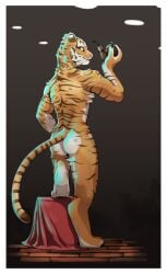 2025 anthro ass box container digital_media_(artwork) digital_painting_(artwork) felid hi_res hitherto inside looking_back male mammal nude nude_male painting_(artwork) pantherine raised_knee simple_background smile solo standing tiger