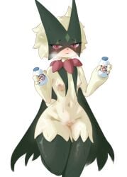 absurd_res anthro belly bodily_fluids breast_curtains breasts breath dairy_products female food generation_9_pokemon hi_res lactating looking_at_viewer meowscarada milk moccimew navel nintendo pokemon pokemon_(species) shy simple_background small_breasts solo sweat sweatdrop thick_thighs vulva