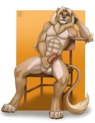 2025 4_toes 5_fingers abs anthro arm_tuft artist_logo artist_name ball_tuft balls barbed_humanoid_penis bedroom_eyes biceps big_balls big_penis biped black_lips border brown_claws brown_eyes brown_nose brown_pawpads chair cheek_tuft claws countershade_arms countershade_feet countershade_hands countershade_torso countershading crotch_tuft digitigrade elbow_tuft erection facial_tuft fangs feet felid fingers fluffy_mane foreskin fur furniture genitals gradient_background hand_behind_head hand_on_penis head_tuft hi_res humanoid_genitalia humanoid_penis hybrid_genitalia hybrid_penis ifus lion lion_mane lips logo looking_at_viewer male mammal mane multicolored_body multicolored_fur muscular muscular_anthro muscular_male narrowed_eyes nude on_chair orange_background pantherine pawpads paws pecs penile_spines penis penis_grab pink_penis presenting pubes rahne retractable_claws seductive serratus shaded shadow sharp_teeth simple_background sitting sitting_on_chair smile snout soft_shading solo spread_legs spreading tail tail_tuft tan_body tan_fur teeth text toe_claws toes toothy_smile tuft two_tone_body two_tone_fur url warm_colors whisker_spots whiskers white_border
