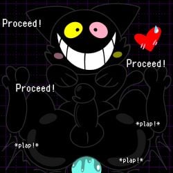 anal anal_sex black_body blush blush_lines blush_stickers bodily_fluids deltarune domestic_cat felid feline felis feral friend_(deltarune) gay gay_sex genitals heterochromia hi_res human human_on_feral interspecies male mammal penetration penis pink_eyes plap skeletonhearts smile soul sweat sweatdrop teeth undertale_(series) yellow_eyes zoophilia