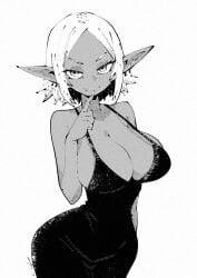 1girls bare_shoulders breasts cowboy_shot dress female finger_to_mouth goblin goblin_female greyscale halter_dress huge_breasts large_breasts miregeist monochrome oerba_yun_fang pointy_ears short_hair shortstack sleeveless_dress solo solo_female tight_dress