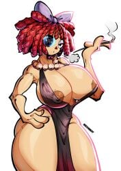 1_eye 1girls big_breasts black_dress cigarette doll doll_girl dress female female_focus female_only huge_breasts nekochanoff nipple_slip ragatha_(the_amazing_digital_circus) red_hair the_amazing_digital_circus thick_thighs voluptuous voluptuous_female
