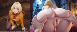 1boy ai-generated all_fours anus ascot ashley_graham ass ass_grab back bangs blazer blonde_hair blue_eyes blush bob_cut breasts brick_wall brown_jacket candle clitoris clothing completely_nude female female fireplace full_moon green_skirt groping high_resolution indoors jacket kneeling legwear looking_at_viewer looking_back male miniskirt moon neckwear night nude pantyhose plaid plaid_skirt pleated_skirt red_neckwear red_scarf resident_evil resident_evil_4 rug scarf school_uniform short_hair sitting skirt sky smile solo_focus spread_anus straight swept_bangs thighs uniform vagina window wodstudio wooden_floor