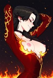 1girls ai_generated black_hair burning_clothes cinder_fall female fire rwby shiny_hair shiny_skin solo solo_female tagme