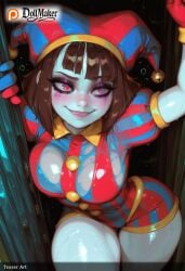 ai_generated bangs blunt_bangs blush bob_cut breasts brown_hair dollmaker dollmaker_(artist) dress female glowing hat heart heart-shaped_pupils looking_at_viewer patreon_logo patreon_username red_eyes short_hair smile solo sweat symbol-shaped_pupils tagme watermark web_address
