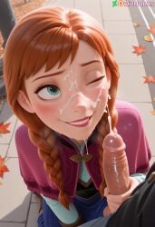 1boy 1girl1boy 1girls ai_generated anna_(frozen) blue_eyes blush cum cum_on_face cumshot disney disney_princess dizbabes dress ejaculation facial female frozen_(film) fully_clothed ginger ginger_hair handjob happy kneeling lipstick low_twintails makeup one_eye_closed orange_hair outdoors penis public public_indecency smile stable_diffusion