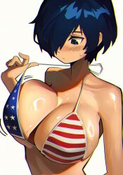 1girl adjusting_clothes adjusting_swimsuit ai_generated american_flag_bikini bikini blue_eyes blue_hair blush breasts cleavage closed_mouth collarbone elfgens expressionless flag_print genderswap genderswap_(mtf) hair_over_one_eye large_breasts looking_at_breasts looking_down nose_blush persona persona_3 self_upload shiny shiny_skin short_hair sideboob simple_background solo sweat swimsuit underboob upper_body white_background yuuki_makoto_(persona_3)