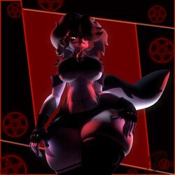 1:1 3d_(artwork) absurd_res anthro big_breasts black_bottomwear black_clothing black_gloves black_handwear black_legwear black_shorts black_thigh_highs bottomwear breasts canid canid_demon canine clothing collar crop_top darkytherabbit demon digital_media_(artwork) facial_piercing female fingerless_gloves gloves glowing glowing_eyes grey_clothing grey_shirt grey_topwear hair hair_over_eye hand_on_leg hand_on_own_leg hand_on_own_thigh hand_on_thigh handwear hellhound helluva_boss hi_res legwear lip_piercing long_hair looking_at_viewer looking_down looking_down_at_viewer loona_(helluva_boss) low-angle_view mammal midriff mythological_canine mythological_creature mythology occult_symbol pentagram piercing red_sclera sharp_teeth shirt shorts skindentation solo spiked_collar spikes symbol tail teeth thick_thighs thigh_highs topwear under_boob watermark wide_hips