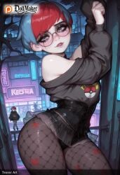 ai_generated artist_name bare_shoulders dollmaker dollmaker_(artist) female fishnet_legwear fishnets freckles glasses looking_at_viewer mole multicolored_hair night off_shoulder pantyhose patreon_logo patreon_username red_hair short_hair smile solo tagme watermark