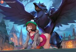 1boy 1girls ai_generated all_fours ass bird blush brown_hair city cityscape corviknight doggy_style female gloria_(pokemon) lucakp male moaning night open_mouth patreon patreon_link patreon_logo patreon_url patreon_username pokémon_(species) pokemon pokemon_(species) pokemon_ss pokephilia sex spread_wings tagme wings