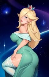 ange1witch areola_bulge ass blonde_hair breasts crown dress hair_over_one_eye hand_on_leg large_ass large_breasts leggings long_hair looking_at_viewer mario_(series) princess_rosalina space third-party_edit
