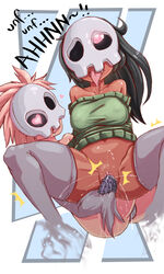 /\/\/\ 2girls ahe_gao bare_shoulders black_hair breasts bumpy_dildo clitoris dildo duskull erect_nipples female female_ejaculation female_only green_sweater grey_legwear heart heart-shaped_pupils highres long_hair mask multiple_females multiple_girls one-eyed personification pink_hair pokemon pussy pussy_juice red_eyes red_skin rolling_eyes short_hair skull skull_headwear skull_mask spread_legs sweater symbol-shaped_pupils thighhighs tongue tongue_out uncensored vaginal_insertion whistle_frog yuri