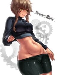 bike_shorts braid breasts brown_hair female groin large_breasts lips long_hair long_sleeves looking_at_viewer lowleg medium_breasts midriff navel no_panties skirt smile solo sweater taut_clothes turtleneck twin_braids wide_hips yellow_eyes
