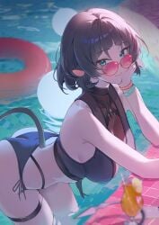 1girls animal_ears bikini black_bikini black_hair blunt_bangs bracelets breasts glasses green_eyes grin jane_doe_(zenless_zone_zero) kure_ha0903 looking_at_viewer mouse_ears mouse_girl mouse_tail night orange_juice pool swimsuit tail zenless_zone_zero