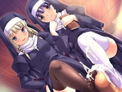 2girls arise_mayu bible blonde_hair blue_eyes blush censored cross cum cum_on_body cum_on_clothes cum_on_lower_body double_footjob duplicate dutch_angle feet footjob game_cg hitozuma_cosplay_kissa_2 long_hair m&m_(mickey_and_mackey) multiple_footjob multiple_girls nun penis purple_hair saionji_lisa smile thighhighs tied_hair toejob twintails white_legwear