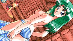 4bpp 90s alice_soft ass breasts cap game_cg green_hair hairband looking_at_viewer looking_back mutsumi_masato nipples nitou_misaki oldschool only_you_seikimatsu_no_juliette-tachi panties pc98