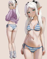 1girls ass bikini black_bow blue_bikini blush bow breasts closed_mouth collarbone commentary cowboy_shot earrings elf elf_ears elf_female english_commentary female female_only frieren from_behind full_body gradient_background green-eyed_female green_eyes green_eyes_female grey_background hairbow halterneck highres hood hoodie jewelry josivalart long_hair long_sleeves looking_at_viewer looking_back loose_socks medium_breasts multiple_views navel no_shoes parted_bangs pointy_ears purple_hoodie side-tie_bikini_bottom silver-haired_female silver_hair silver_hair_female small_breasts smile socks sole_female sousou_no_frieren standing string_bikini striped_bra striped_panties striped_underwear swimsuit twintails white_bikini white_hair