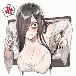 1girls ai_assisted ai_generated anger_vein bare_shoulders big_breasts black_hair black_nails blush breasts cleavage covered_nipples female female_only ghost ghost_girl hair_over_one_eye lapis_slopzuli long_hair looking_at_viewer nail_polish solo spoken_anger_vein the_ring uravity98114 yamamura_sadako