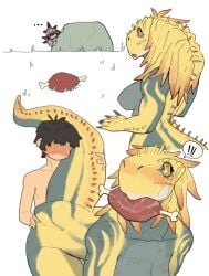 absurdres blush boned_meat boulder breasts cleavage collarbone colored_skin commentary english_commentary female food furry furry_female furry_with_non-furry great_jagras hiding highres implied_sex interspecies meat monster_girl monster_hunter monster_hunter:_world monster_hunter_(series) nude personification scales short_hair tail yellow_eyes yolabayola1